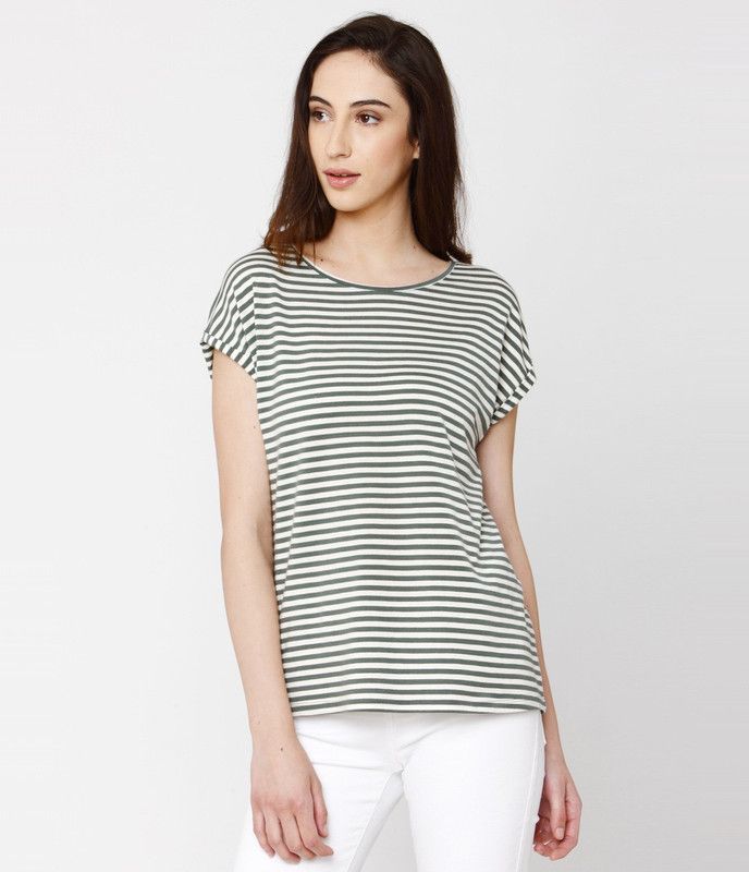 Women Striped Round Neck Wool Blend Green T-Shirt