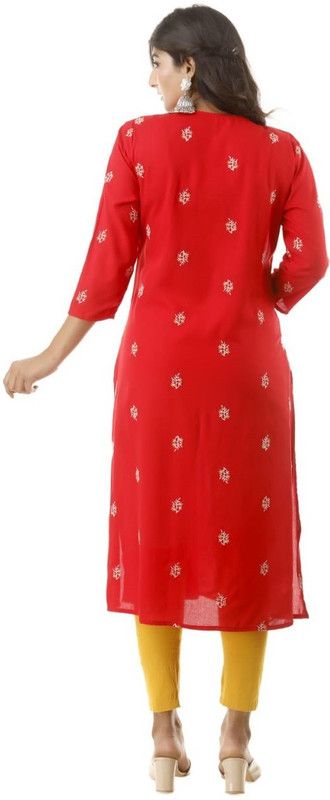 Women Printed, Embroidered Viscose Rayon Straight Kurta  (Red)