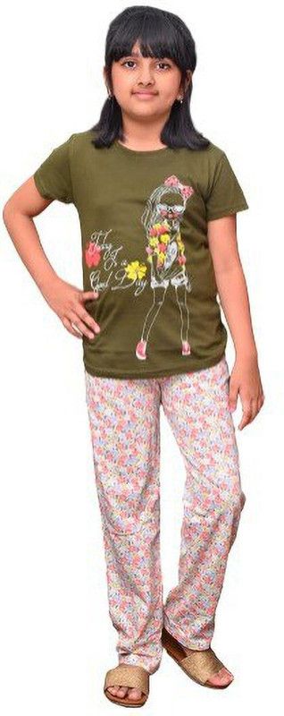 Girls Printed Cotton Blend Kids Nightwear  (Dark Green Pack of 1)