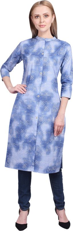 Women Printed, Dyed/Ombre Pure Cotton Straight Kurta  (Blue)