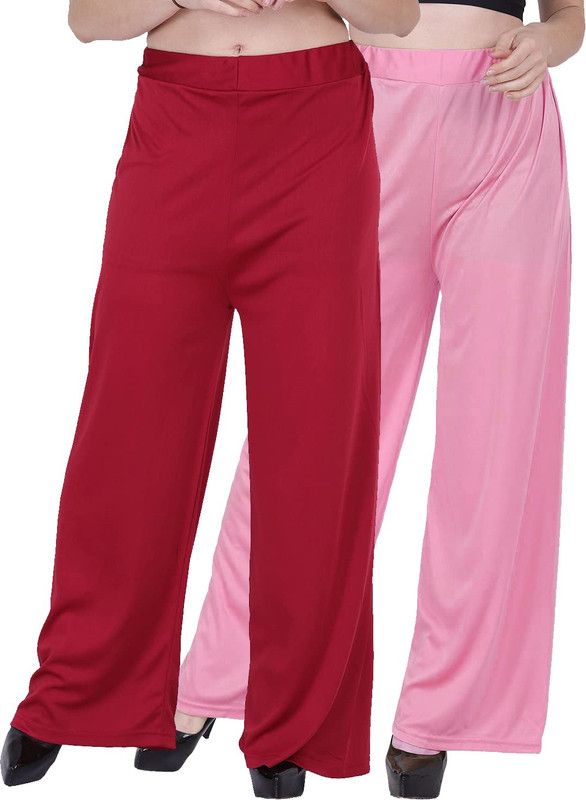 Pack of 2 Women Regular Fit Maroon, Pink Satin Trousers