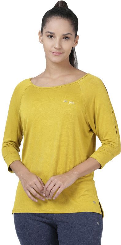 Women Solid Round Neck Viscose Rayon Gold T-Shirt
