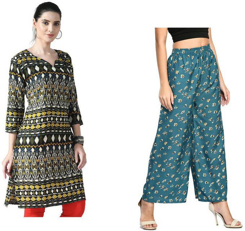Pack of 2 Women Printed Crepe Flared Kurta  (Green, Yellow)