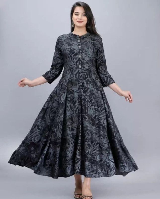 Women Printed Kurta  (Black, Silver)