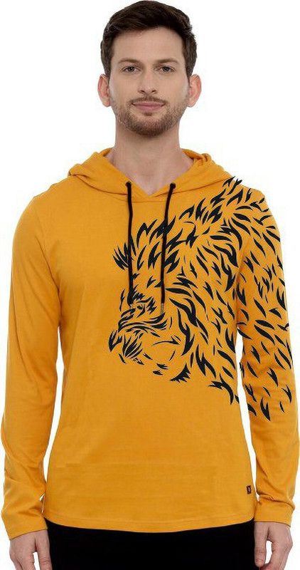 SWAGGERjns Printed Men Hooded Neck T-Shirt Men Self Design Hooded Neck Cotton Blend Yellow T-Shirt