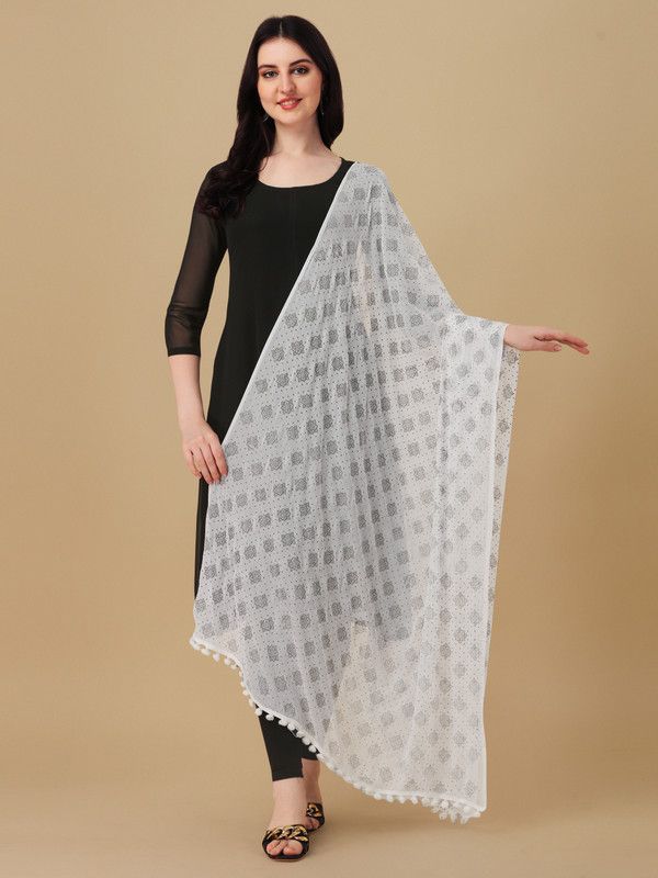 Chiffon, Cotton Blend Printed, Embellished, Geometric Print, Woven Black, White Women Dupatta
