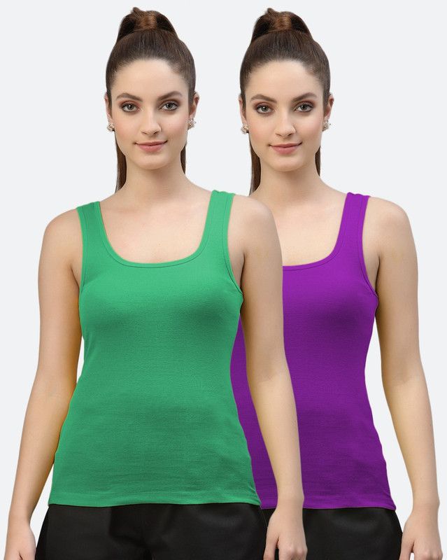 Pack of 2 Casual Sleeveless Solid Women Purple, Green Top