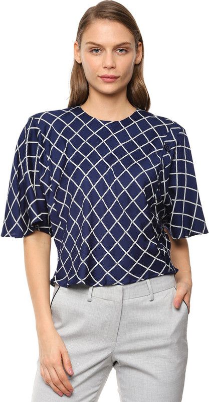 Casual Flared Sleeves Printed, Checkered Women Dark Blue Top