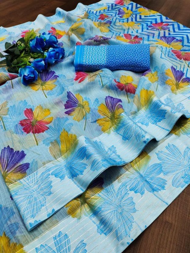 Floral Print Daily Wear Pure Cotton Saree  (Blue)