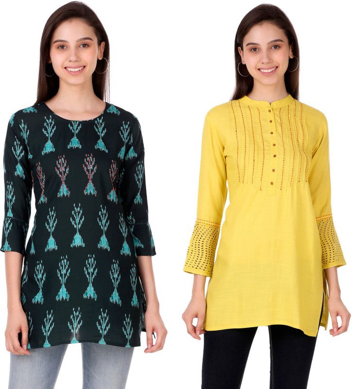 Pack of 2 Women Embroidered, Floral Print Cotton Rayon A-line Kurta  (Dark Blue, Yellow)