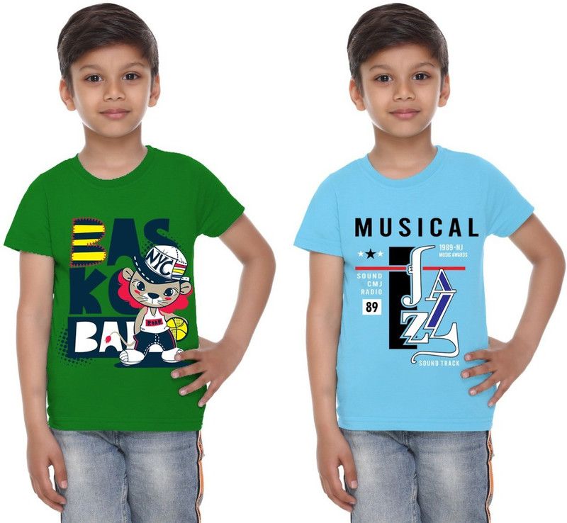 Boys Printed Cotton Blend T Shirt  (Light Blue, Pack of 2)