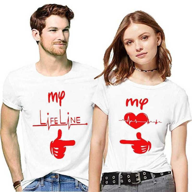 Pack of 2 Couple Typography Round Neck Polyester White T-Shirt