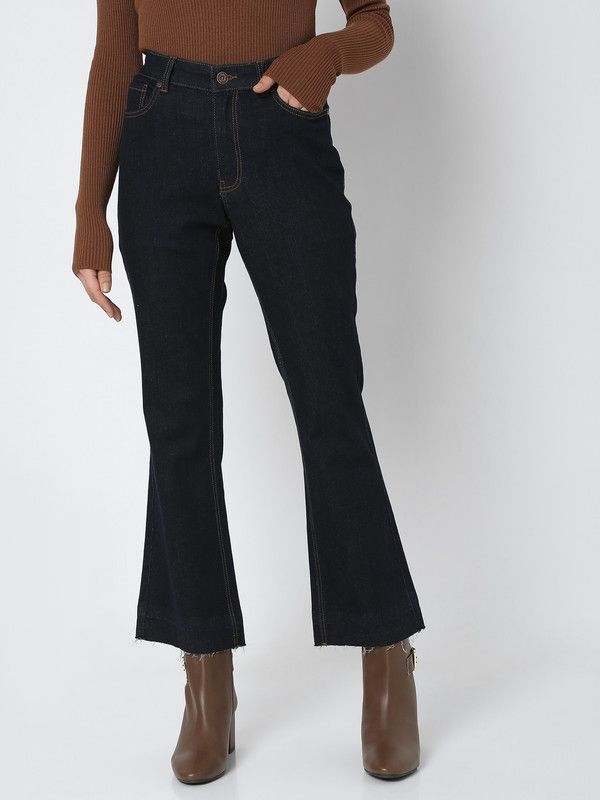 Women Boot-Leg Mid Rise Dark Blue Jeans