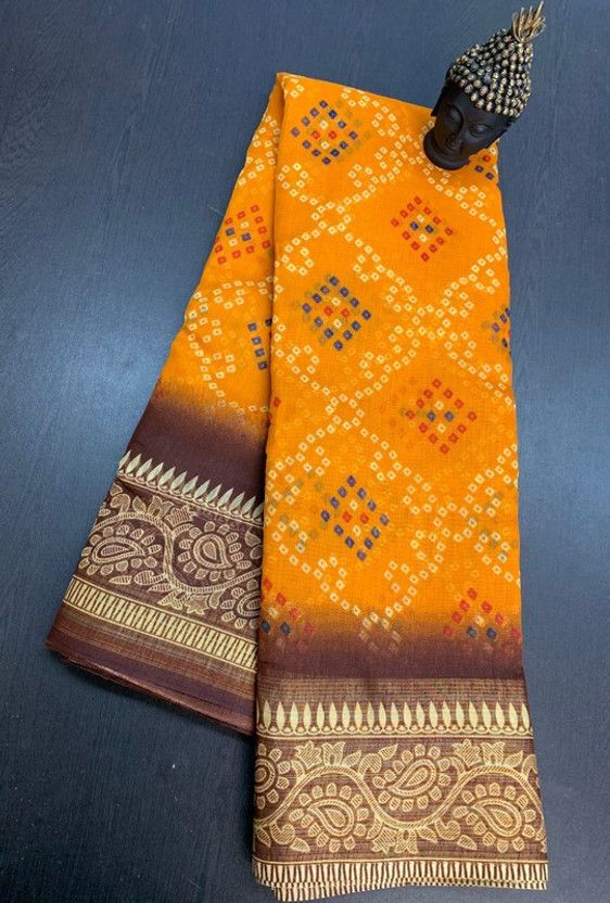 Printed Bandhani Chanderi Saree  (Multicolor)