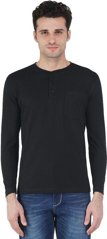 Men Solid Henley Neck Poly Cotton Black T-Shirt