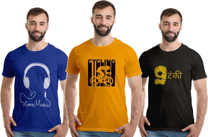 Pack of 3 Men Graphic Print Round Neck Pure Cotton Light Blue, Black, Yellow T-Shirt