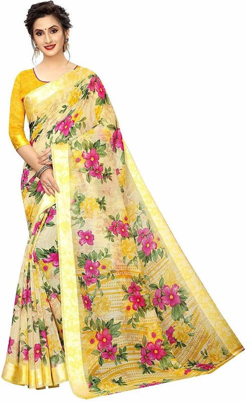 Printed Bollywood Cotton Silk Saree  (Yellow)