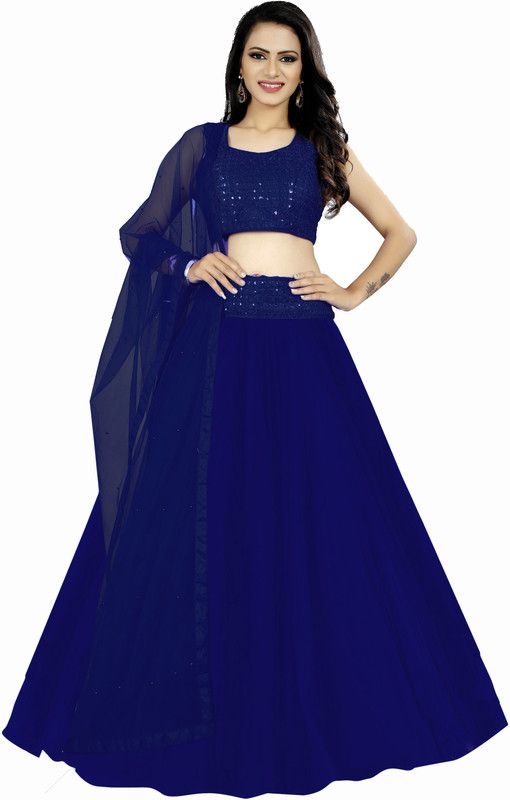 Solid, Embroidered, Self Design, Striped Semi Stitched Lehenga Choli  (Blue)