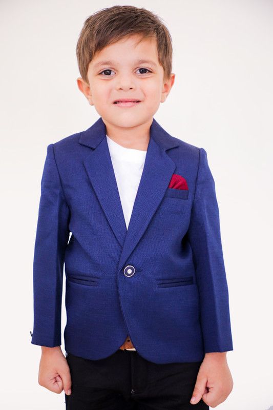 Boys Solid Mandarin Casual Blazer  (Blue)
