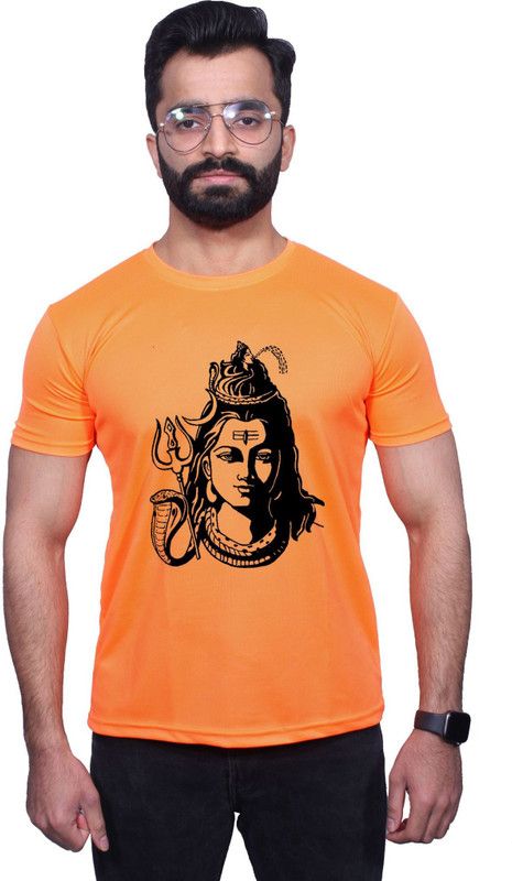TUSHAR Men Printed Round Neck Polyester Orange T-Shirt