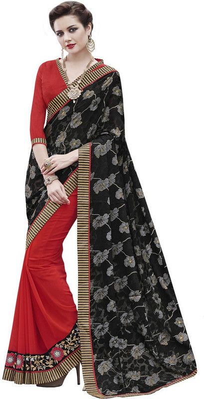 Embroidered Bollywood Georgette, Cotton Blend Saree  (Red, Black)