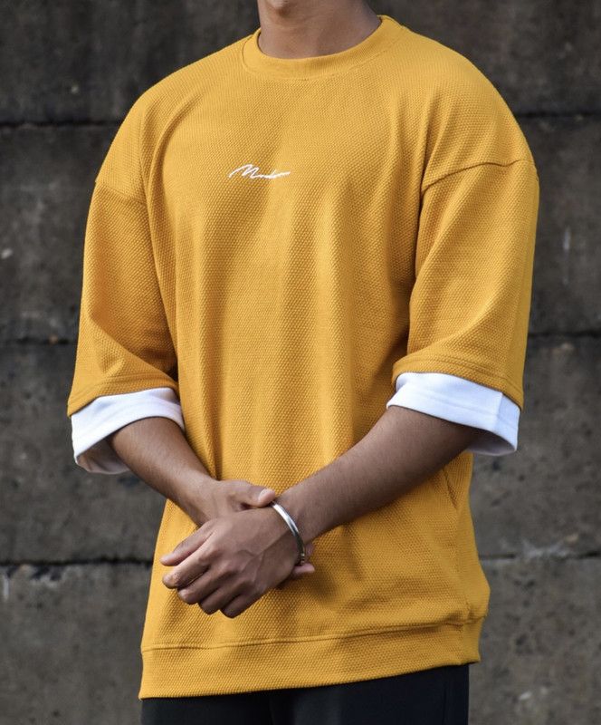 Men Solid Round Neck Polyester Gold T-Shirt