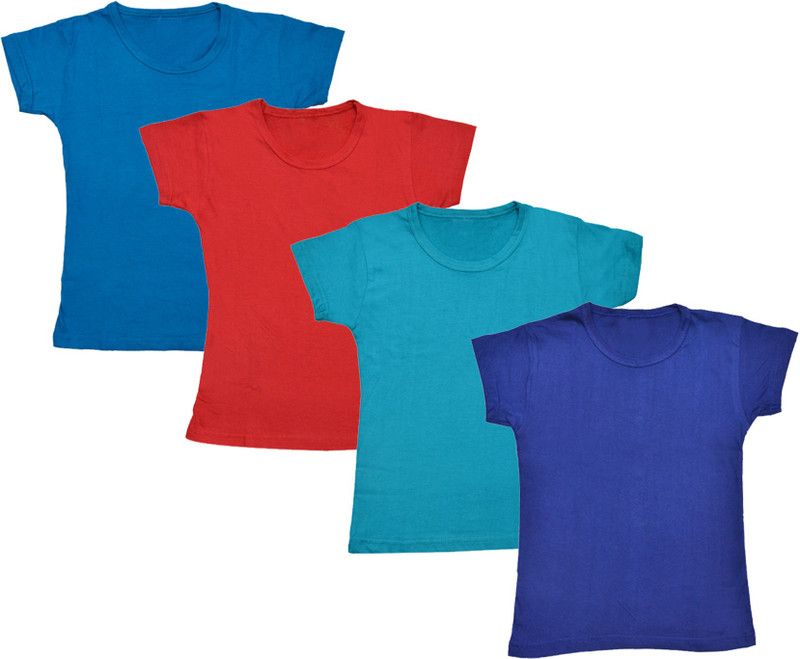 Girls Solid Cotton Blend T Shirt  (Multicolor, Pack of 4)