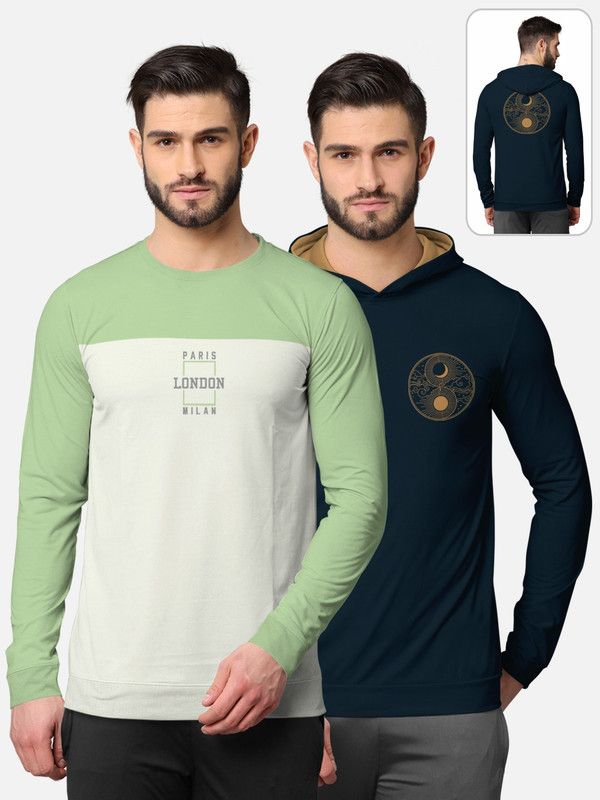 Pack of 2 Men Typography Hooded Neck Cotton Blend Multicolor T-Shirt