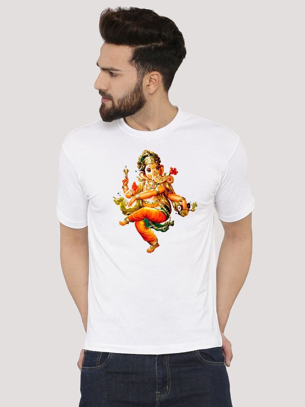 Sample White Men Printed Round Neck Polyester White T-Shirt