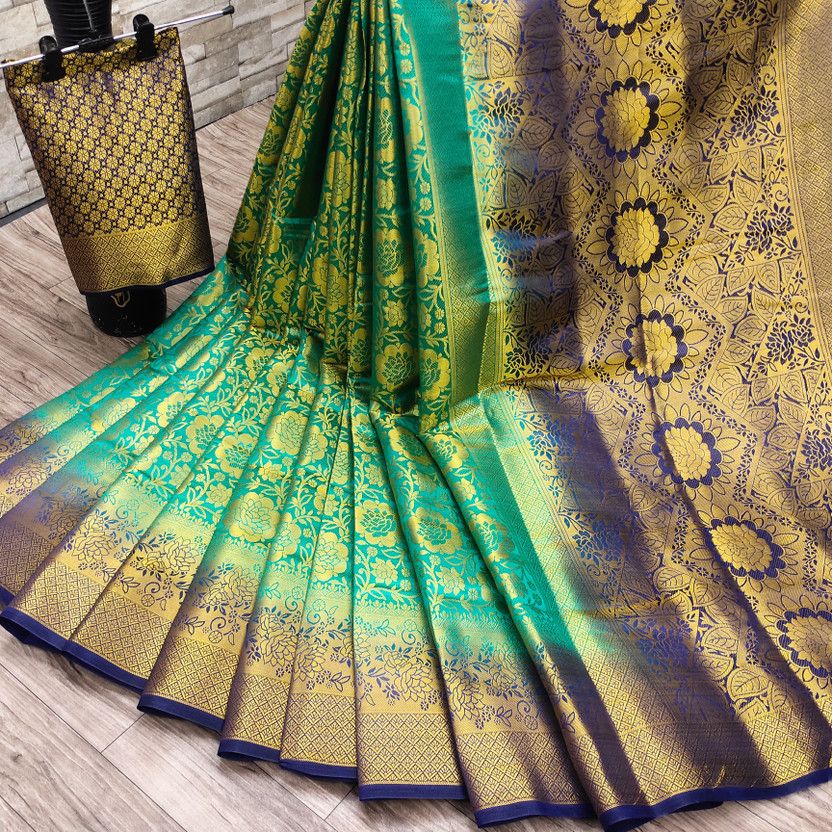 Woven Kanjivaram Jacquard, Cotton Silk Saree  (Green)