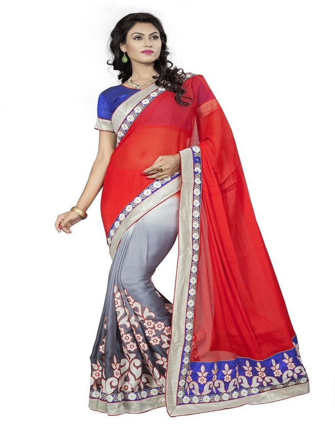 Solid/Plain Bollywood Handloom Chiffon Saree  (Red, White, Grey)