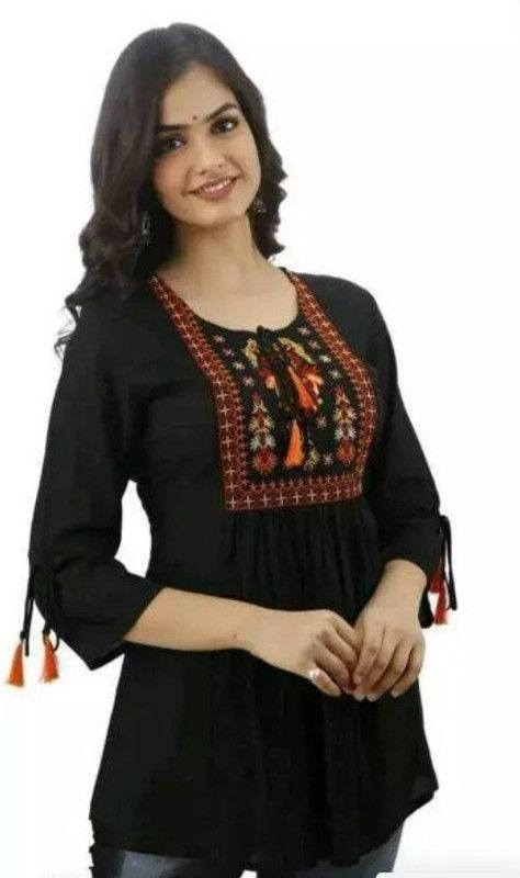 Casual Embroidered Women Black Top