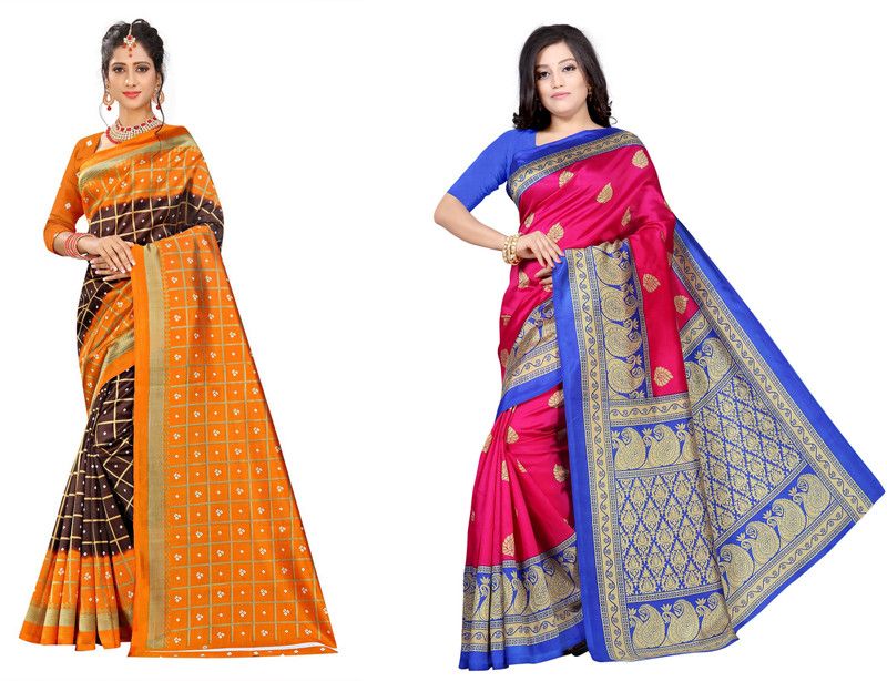Printed Bandhani Art Silk Saree  (Pack of 2, Brown, Pink)