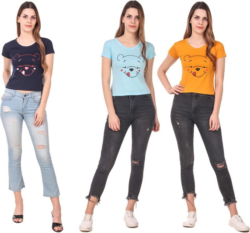 Pack of 3 Women Printed Round Neck Cotton Blend Light Blue, Blue, Yellow T-Shirt