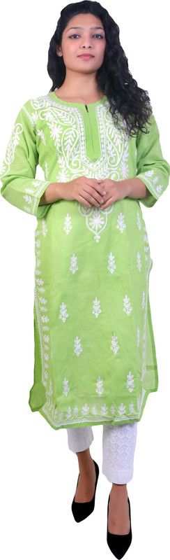 Women Printed Pure Cotton Straight Kurta  (White, Light Green)