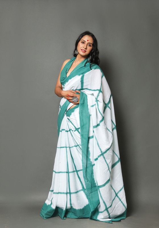 Printed, Color Block, Blocked Printed Daily Wear Pure Cotton Saree  (Green, White)