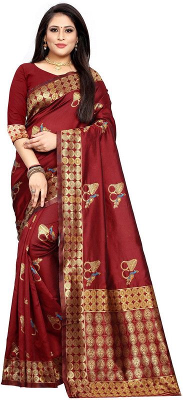 Woven Paithani Silk Blend, Jacquard Saree  (Maroon)