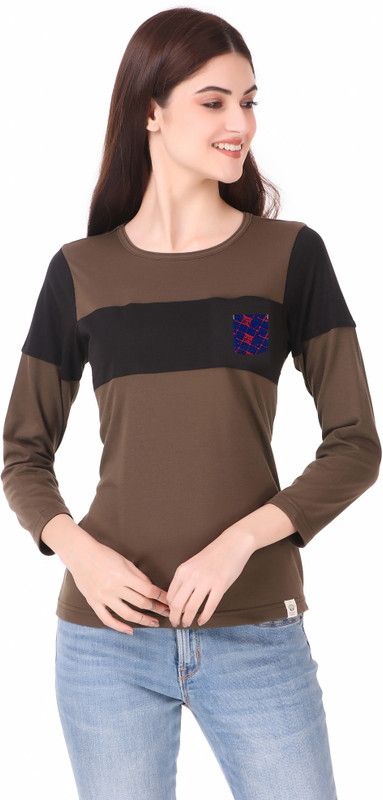 Women Colorblock Round Neck Pure Cotton Brown, Black T-Shirt