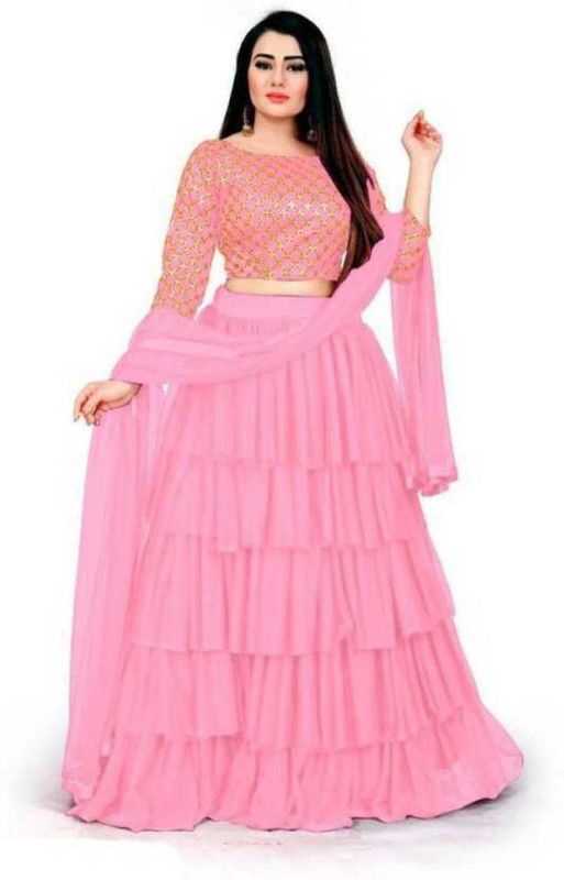 Embellished Semi Stitched Lehenga & Crop Top  (Pink)