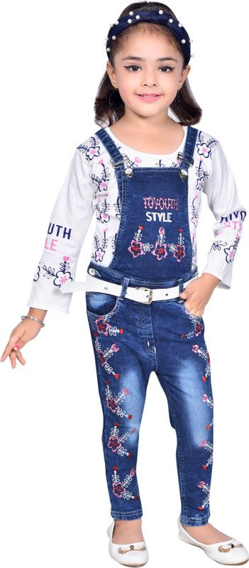 Dungaree For Girls Party Embroidered Denim Blend  (Multicolor, Pack of 1)
