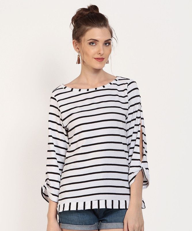 Casual Slit Sleeves Striped Women White, Black Top