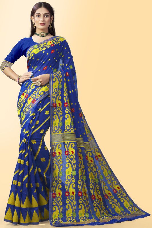 Jamdani Cotton Silk, Pure Silk Saree  (Blue, Yellow)