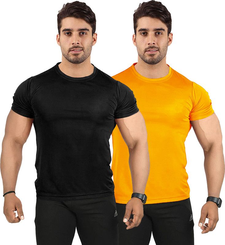 Pack of 2 UDI n ADI Men's Mustard And Black Combo T-Shirt Polyester Drifit For Men Pack Of 2 Men Solid Round Neck Viscose Rayon Black, Yellow T-Shirt