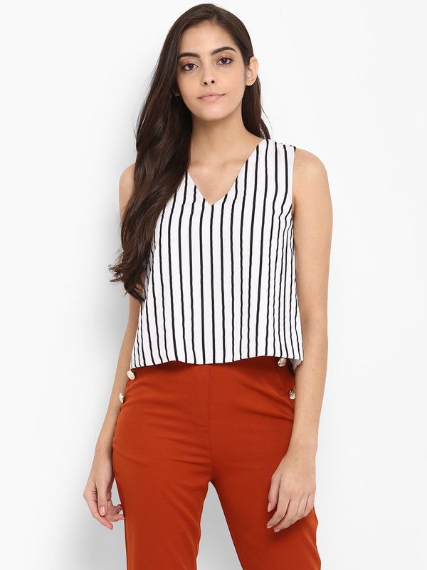 Party Sleeveless Striped Women White Top