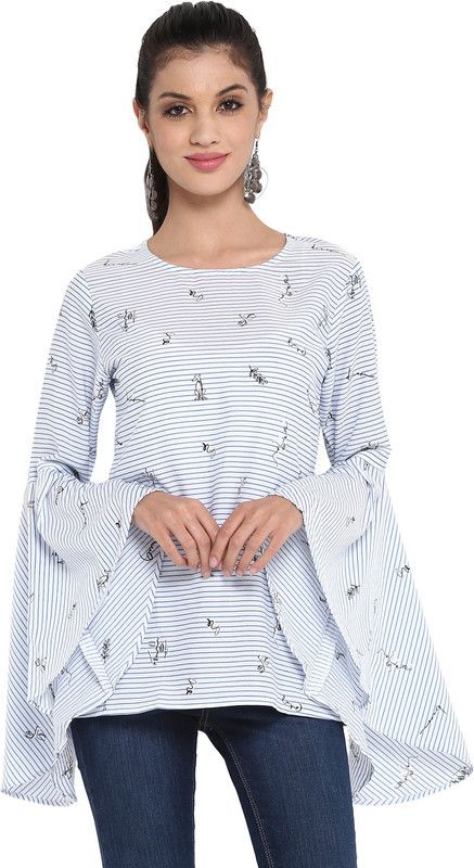 Party Bell Sleeves Striped Women White Top