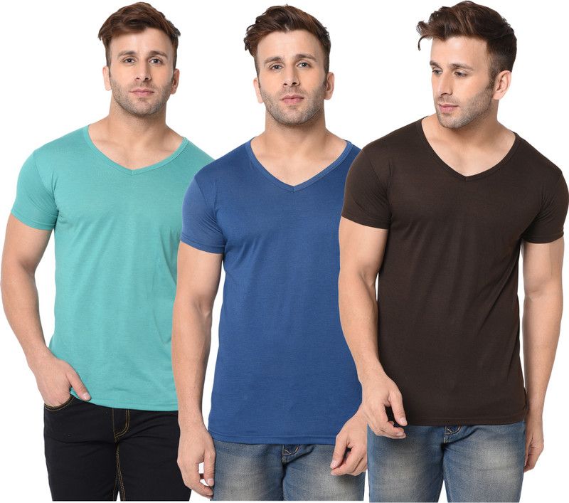 Pack of 3 Men Solid V Neck Cotton Blend Dark Blue, Brown, Light Green T-Shirt