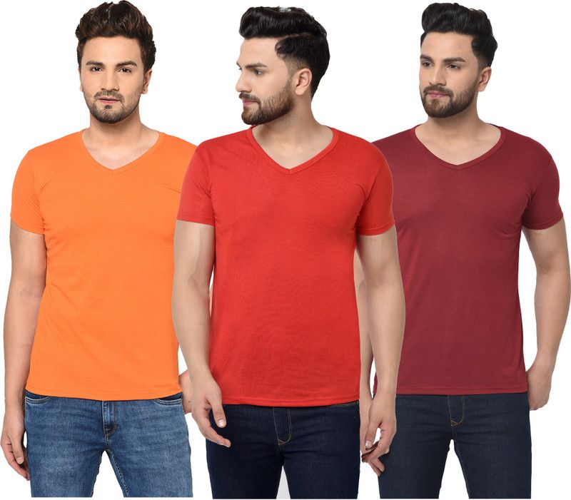 Pack of 3 V neck Combo T-shirts Multicolor Men Solid V Neck Cotton Blend Red, Maroon, Orange T-Shirt