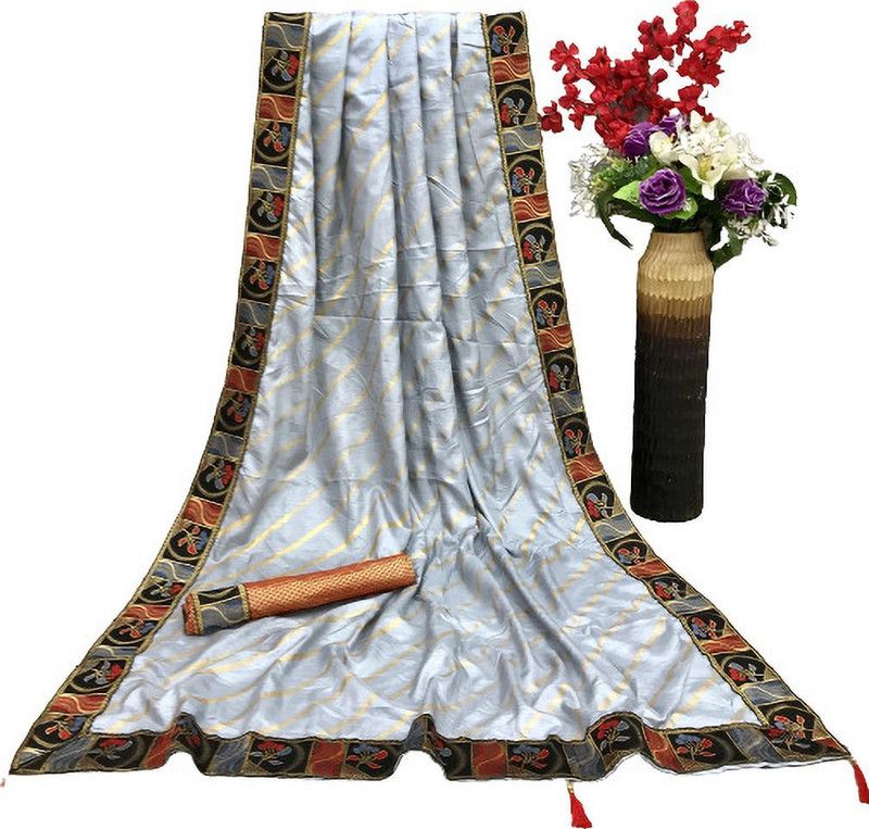 Self Design, Printed, Striped Bollywood Art Silk Saree  (Grey)