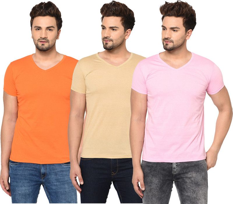 Pack of 3 Men Solid V Neck Cotton Blend Pink, Orange, Beige T-Shirt