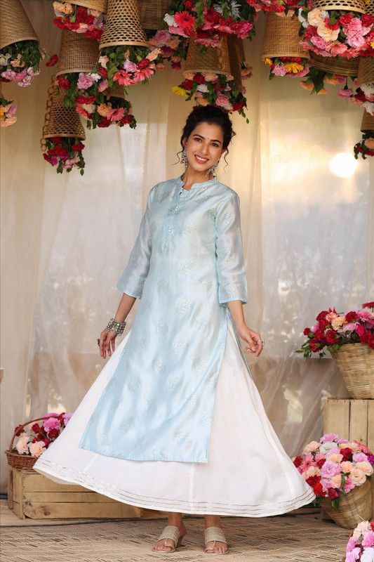 Pack of 2 Women Printed Chanderi Anarkali Kurta  (Blue)